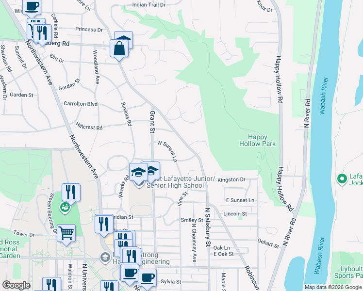 map of restaurants, bars, coffee shops, grocery stores, and more near 1306 West Sunset Lane in West Lafayette