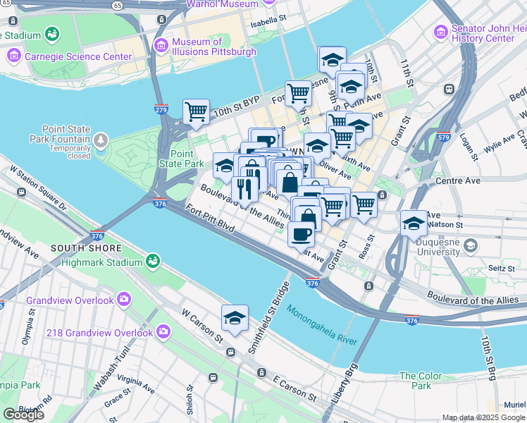 map of restaurants, bars, coffee shops, grocery stores, and more near 244 Boulevard of the Allies in Pittsburgh