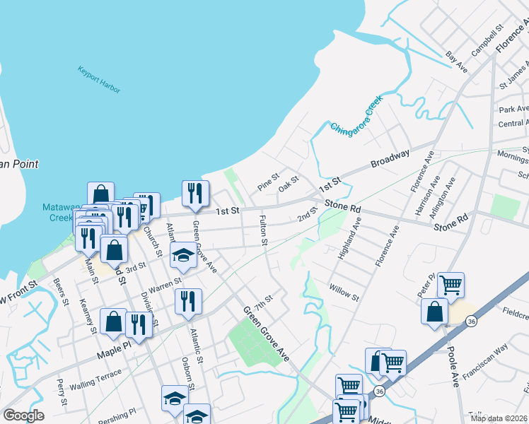 map of restaurants, bars, coffee shops, grocery stores, and more near 163 2nd Street in Keyport