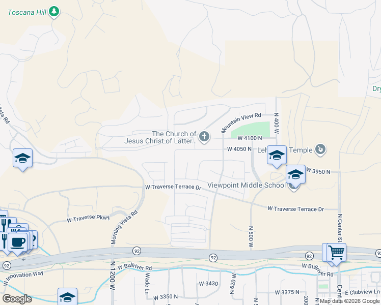 map of restaurants, bars, coffee shops, grocery stores, and more near 827 West 4050 North in Lehi