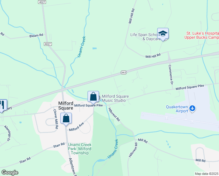 map of restaurants, bars, coffee shops, grocery stores, and more near 2130 Mill Hill Road in Quakertown