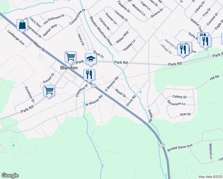 map of restaurants, bars, coffee shops, grocery stores, and more near 502 Wyatt Drive in Blandon