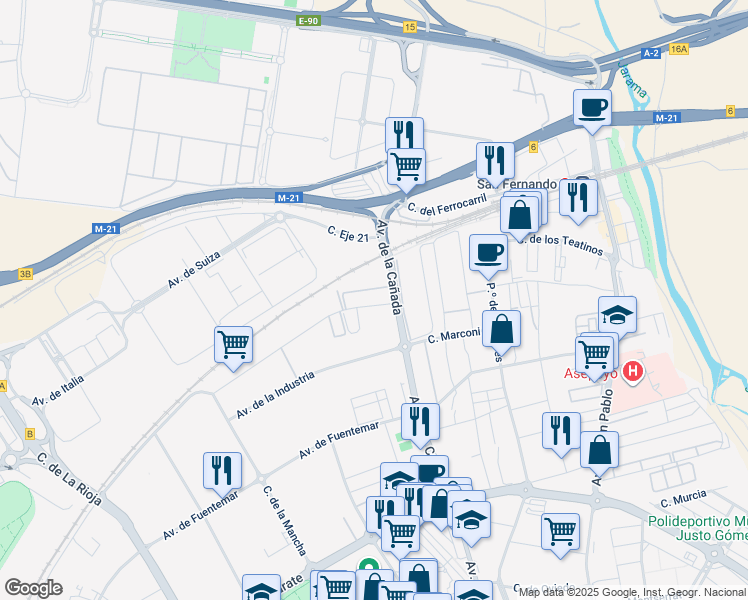 map of restaurants, bars, coffee shops, grocery stores, and more near 28 Calle de los Llanos de Jerez in Coslada