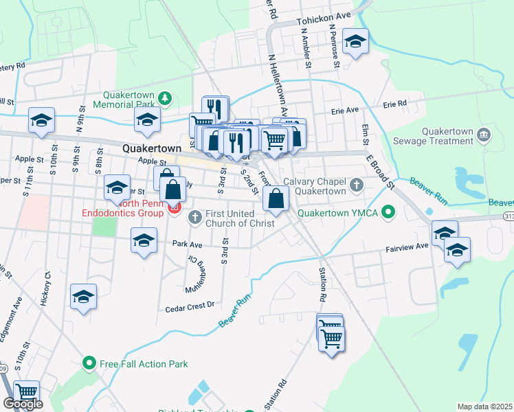 map of restaurants, bars, coffee shops, grocery stores, and more near 122 Juniper Street in Quakertown