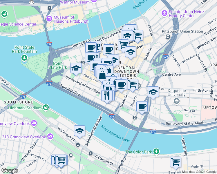map of restaurants, bars, coffee shops, grocery stores, and more near Fourth Avenue in Pittsburgh