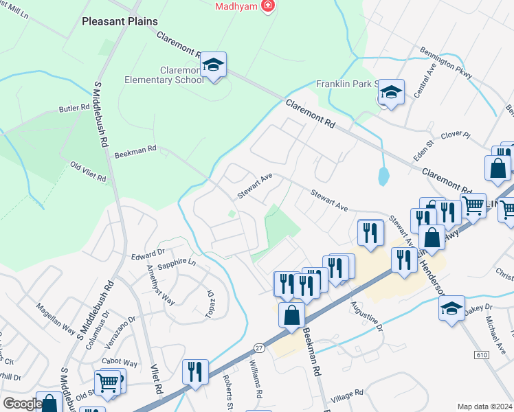 map of restaurants, bars, coffee shops, grocery stores, and more near 63 Amberly Court in Franklin Township