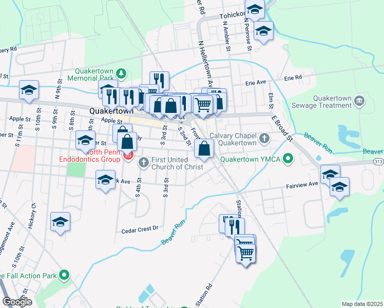 map of restaurants, bars, coffee shops, grocery stores, and more near 120 Juniper Street in Quakertown