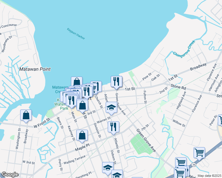 map of restaurants, bars, coffee shops, grocery stores, and more near 120 1st Street in Keyport