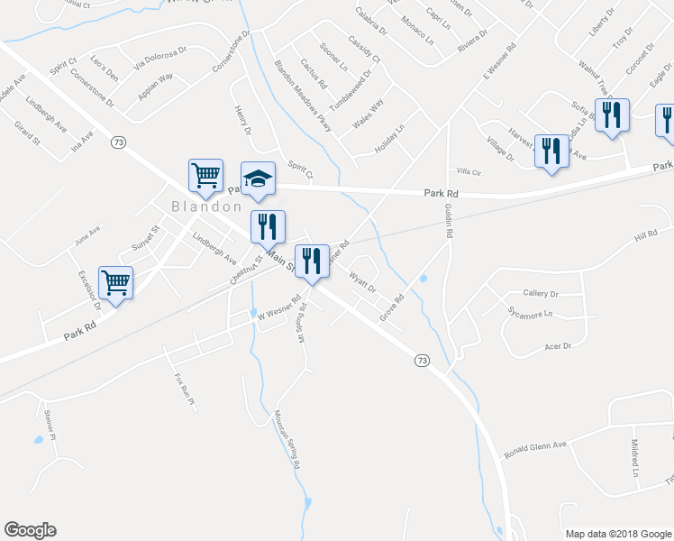 map of restaurants, bars, coffee shops, grocery stores, and more near 502 Wyatt Drive in Blandon