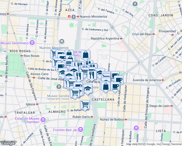 map of restaurants, bars, coffee shops, grocery stores, and more near 10 Calle de Pedro de Valdivia in Madrid