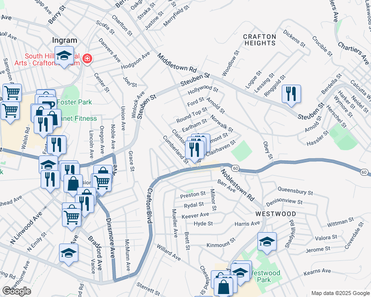 map of restaurants, bars, coffee shops, grocery stores, and more near 107 Clairtonica Street in Pittsburgh