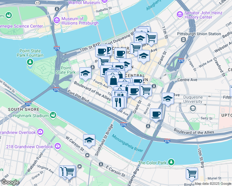 map of restaurants, bars, coffee shops, grocery stores, and more near 201 Wood Street in Pittsburgh