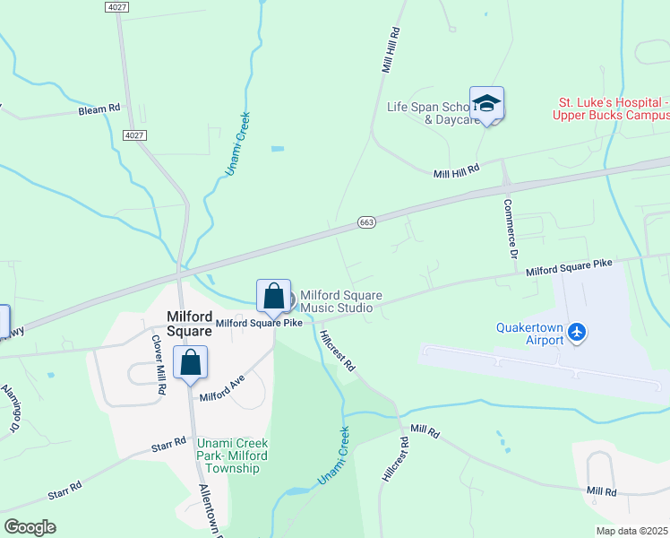 map of restaurants, bars, coffee shops, grocery stores, and more near 2130 Mill Hill Road in Quakertown