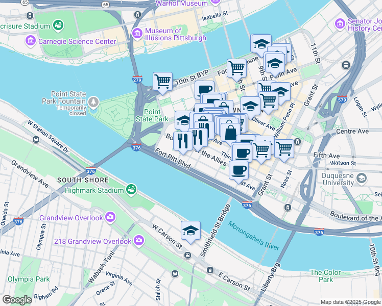 map of restaurants, bars, coffee shops, grocery stores, and more near in Pittsburgh