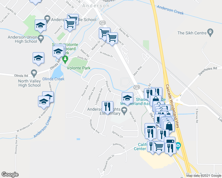 map of restaurants, bars, coffee shops, grocery stores, and more near 1760 Pinon Avenue in Anderson