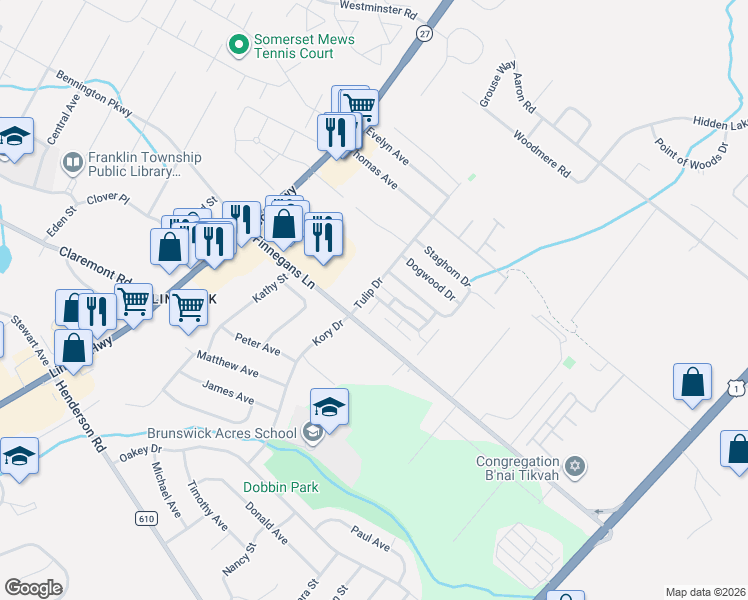 map of restaurants, bars, coffee shops, grocery stores, and more near 23 Aspen Drive in North Brunswick Township