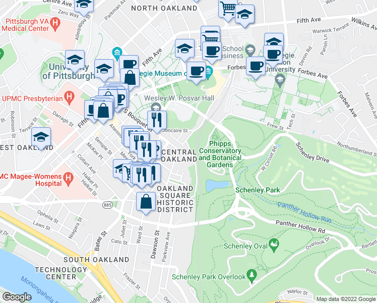map of restaurants, bars, coffee shops, grocery stores, and more near 50 Boundary Street in Pittsburgh