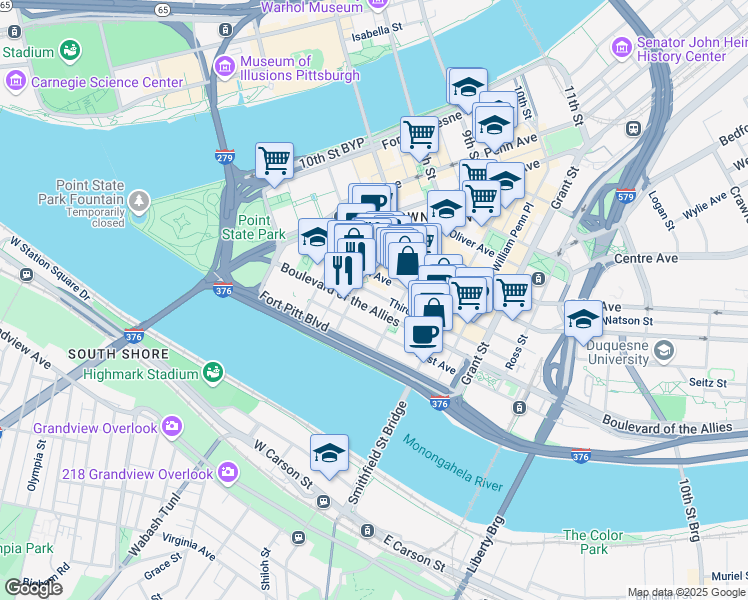 map of restaurants, bars, coffee shops, grocery stores, and more near 244 Boulevard of the Allies in Pittsburgh