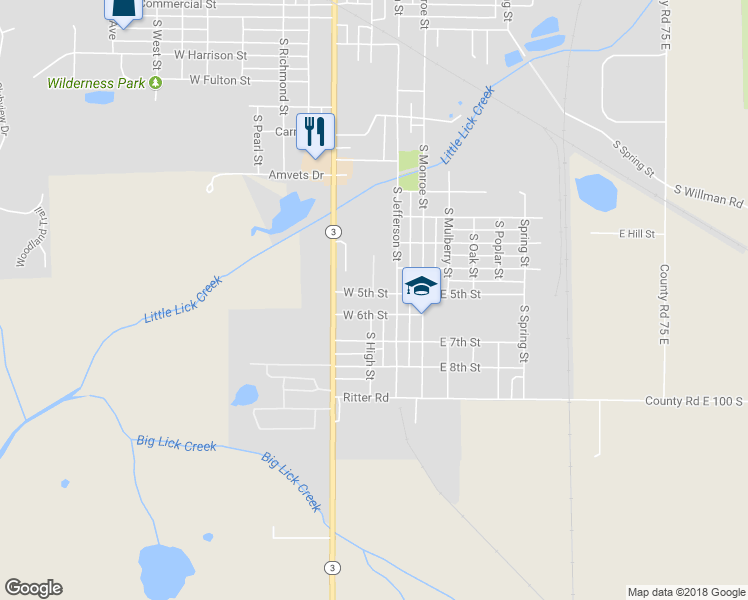 map of restaurants, bars, coffee shops, grocery stores, and more near 125 West 5th Street in Hartford City