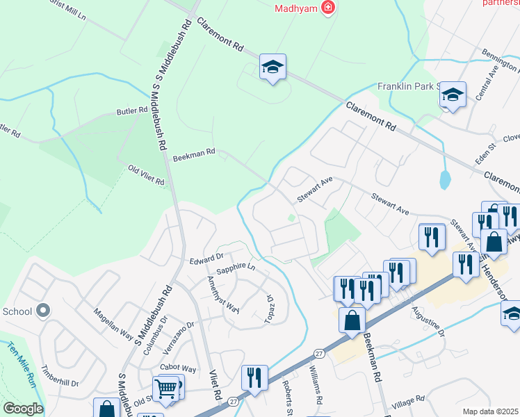 map of restaurants, bars, coffee shops, grocery stores, and more near 88 Lindsey Court in Franklin Township