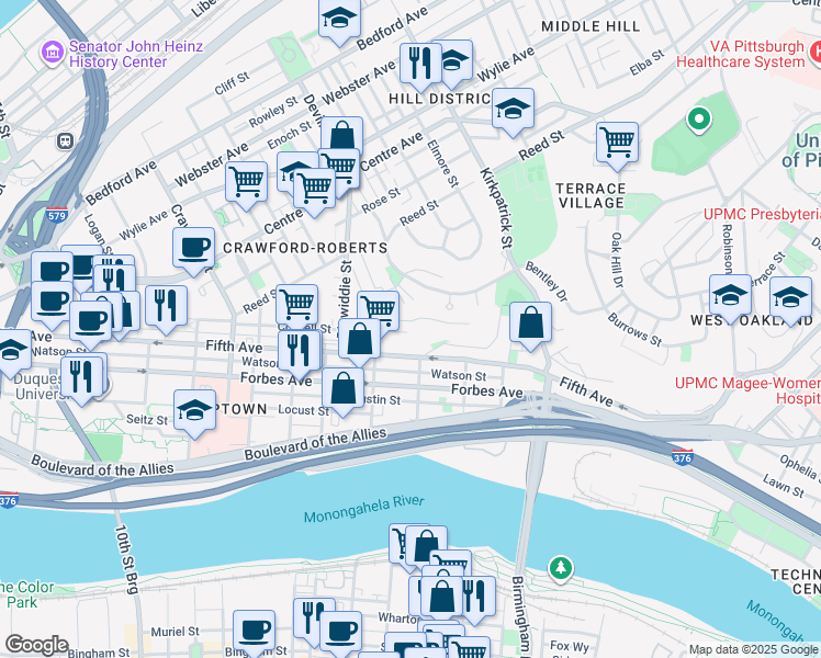 map of restaurants, bars, coffee shops, grocery stores, and more near 1937 Fifth Avenue in Pittsburgh