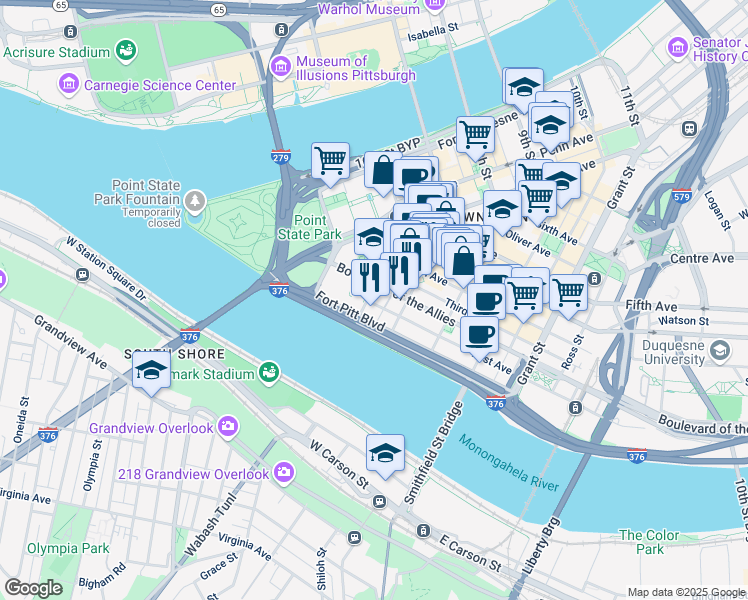 map of restaurants, bars, coffee shops, grocery stores, and more near 2 Stanwix Street in Pittsburgh