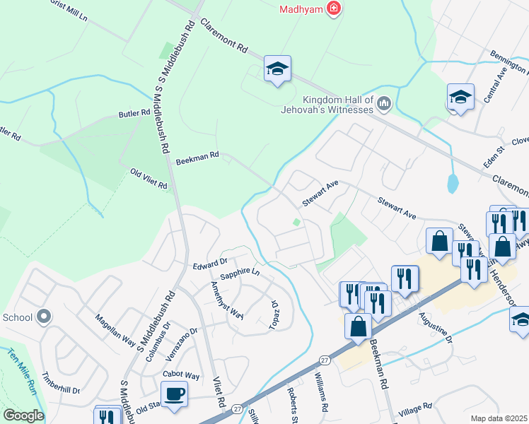 map of restaurants, bars, coffee shops, grocery stores, and more near 66 Lindsey Court in Franklin Township