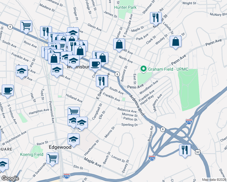 map of restaurants, bars, coffee shops, grocery stores, and more near 703 Elvia Way in Pittsburgh