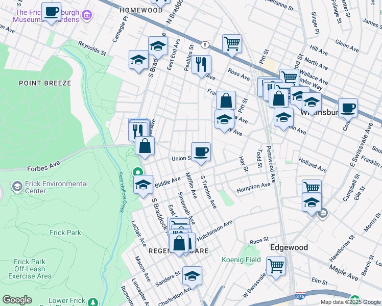 map of restaurants, bars, coffee shops, grocery stores, and more near 234 Union Street in Pittsburgh