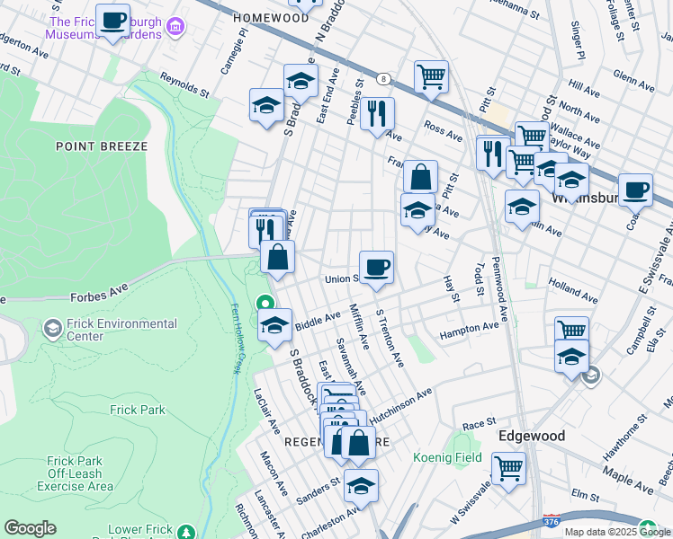 map of restaurants, bars, coffee shops, grocery stores, and more near 709 Savannah Avenue in Pittsburgh