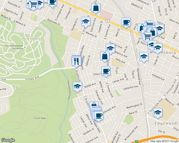map of restaurants, bars, coffee shops, grocery stores, and more near 709 Savannah Avenue in Pittsburgh