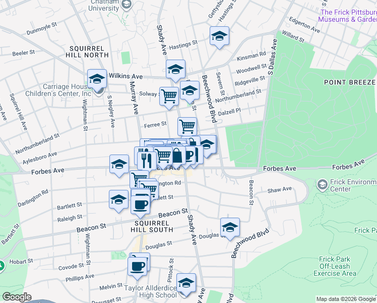 map of restaurants, bars, coffee shops, grocery stores, and more near 6315 Forbes Avenue in Pittsburgh