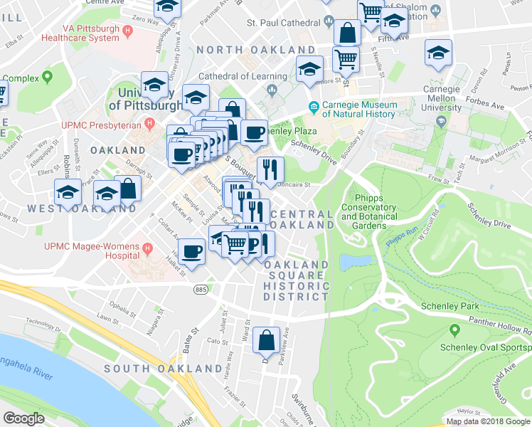 map of restaurants, bars, coffee shops, grocery stores, and more near 405 Oakland Avenue in Pittsburgh