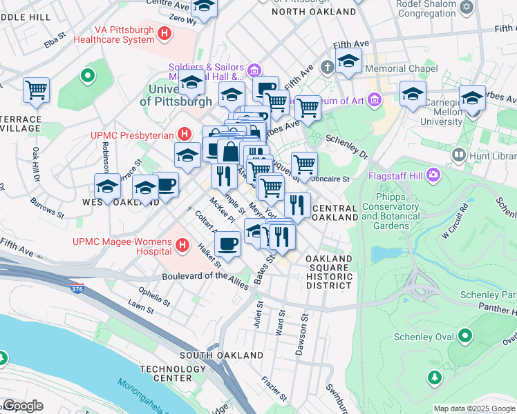 map of restaurants, bars, coffee shops, grocery stores, and more near in Pittsburgh