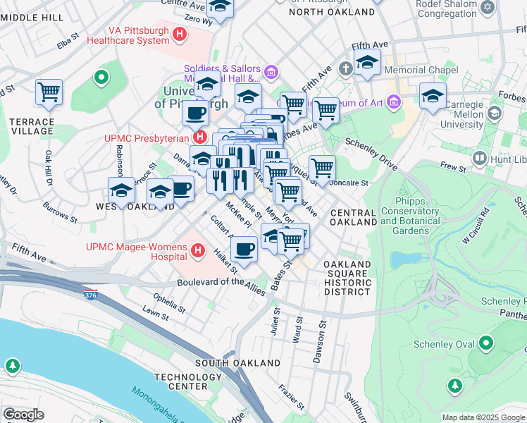 map of restaurants, bars, coffee shops, grocery stores, and more near 299 McKee Place in Pittsburgh
