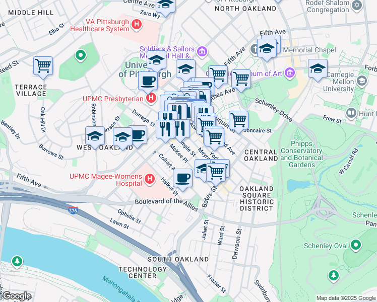 map of restaurants, bars, coffee shops, grocery stores, and more near 299 McKee Place in Pittsburgh