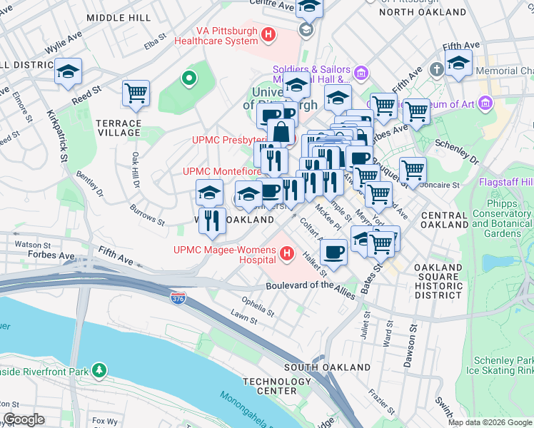 map of restaurants, bars, coffee shops, grocery stores, and more near 3343 Forbes Avenue in Pittsburgh