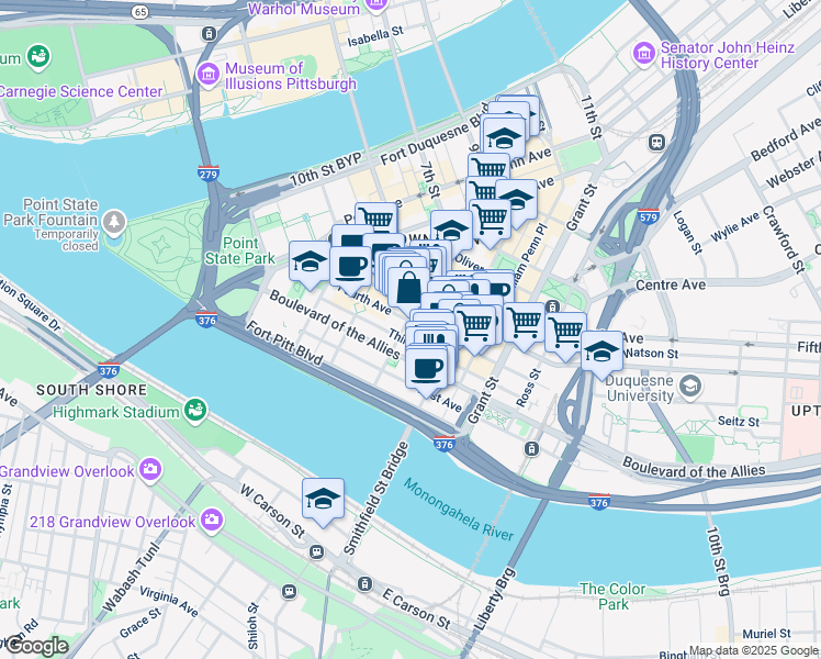 map of restaurants, bars, coffee shops, grocery stores, and more near 201 Wood Street in Pittsburgh