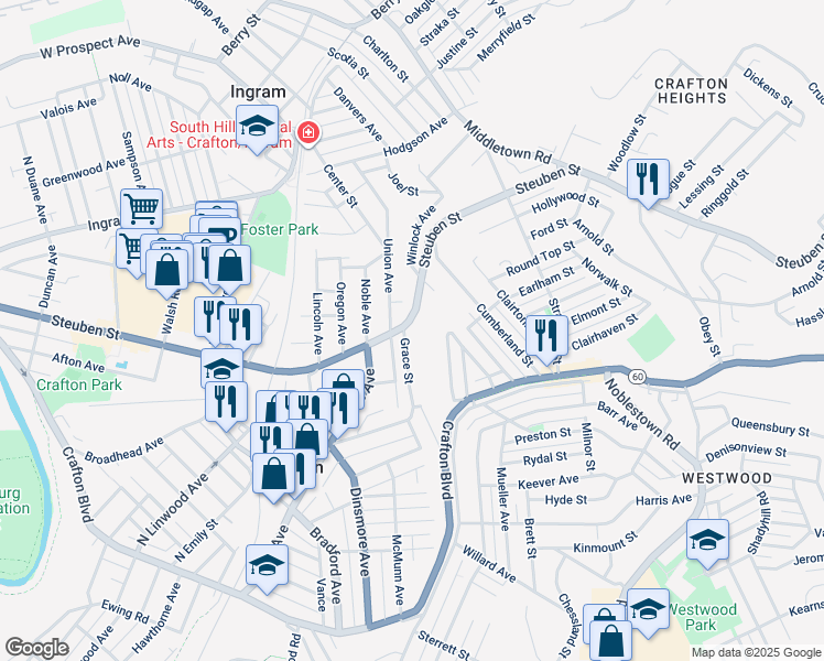 map of restaurants, bars, coffee shops, grocery stores, and more near 50 Rodgers Avenue in Pittsburgh