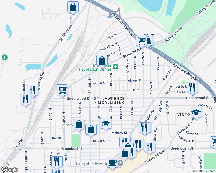 map of restaurants, bars, coffee shops, grocery stores, and more near 2119 North 19th Street in Lafayette
