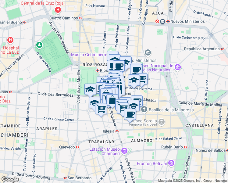 map of restaurants, bars, coffee shops, grocery stores, and more near 28 Calle Ponzano in Madrid
