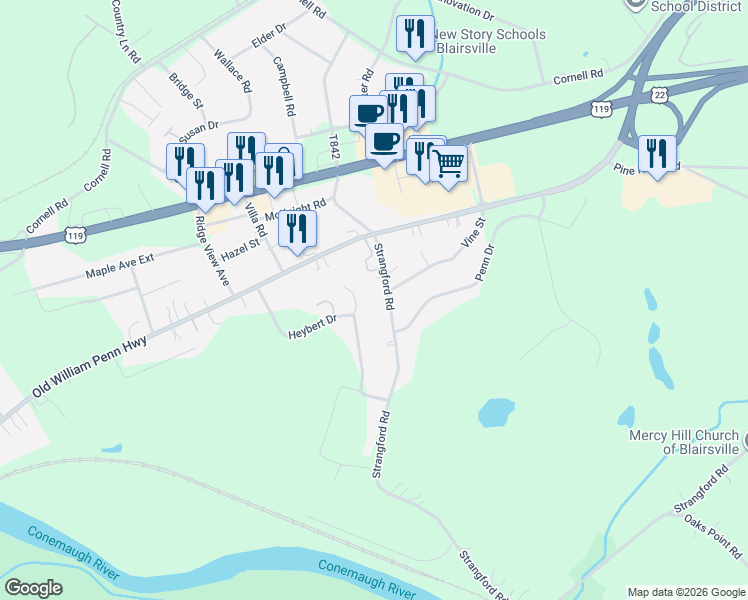 map of restaurants, bars, coffee shops, grocery stores, and more near 128 Strangford Road in Blairsville
