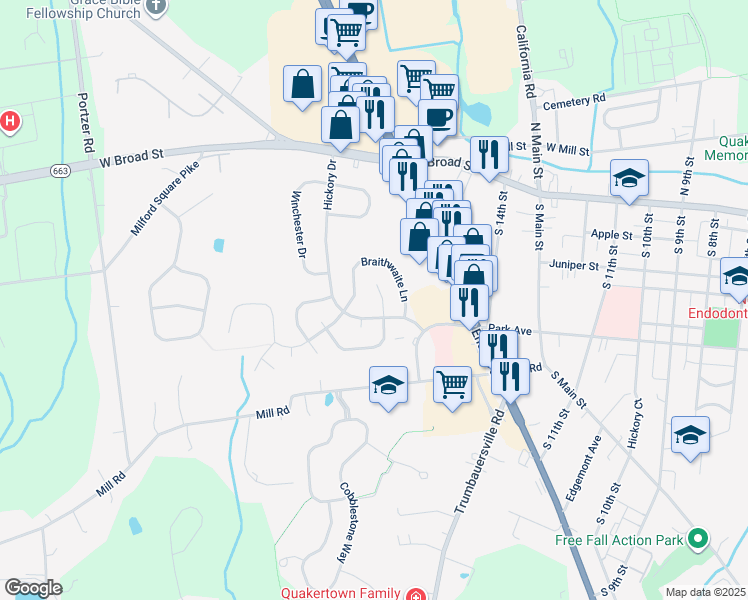 map of restaurants, bars, coffee shops, grocery stores, and more near 17 Tierney Ct in Quakertown