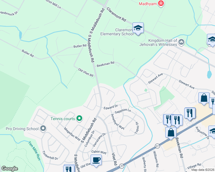 map of restaurants, bars, coffee shops, grocery stores, and more near 22 Amethyst Way in Franklin Township