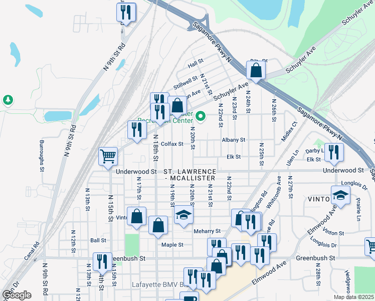 map of restaurants, bars, coffee shops, grocery stores, and more near 2119 North 19th Street in Lafayette