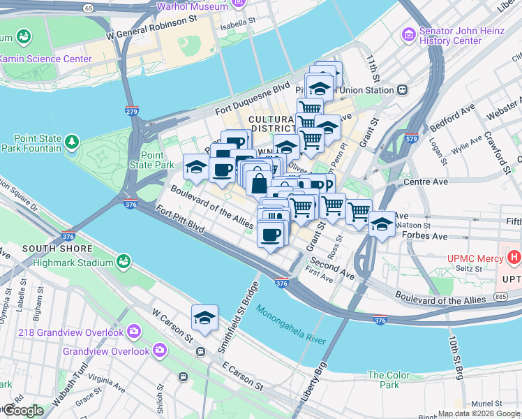 map of restaurants, bars, coffee shops, grocery stores, and more near 201 Wood Street in Pittsburgh