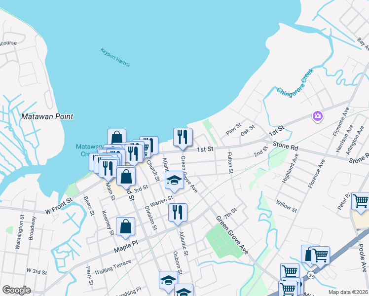 map of restaurants, bars, coffee shops, grocery stores, and more near 83 2nd Street in Keyport