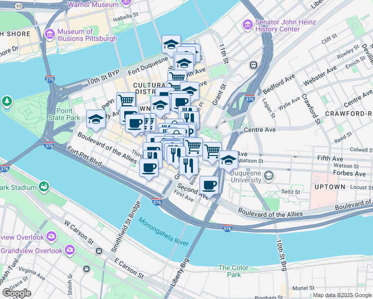 map of restaurants, bars, coffee shops, grocery stores, and more near 437 Grant Street in Pittsburgh