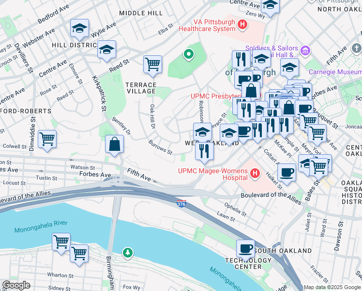 map of restaurants, bars, coffee shops, grocery stores, and more near 167 Burrows Street in Pittsburgh