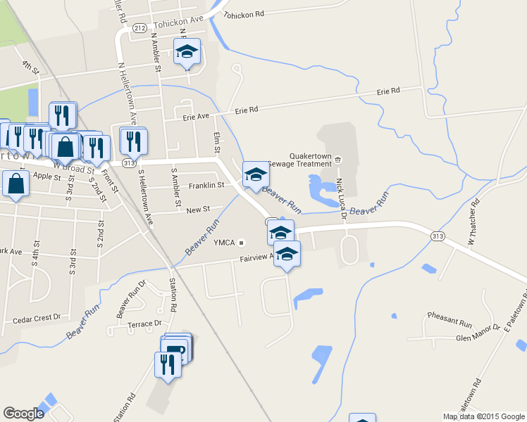 map of restaurants, bars, coffee shops, grocery stores, and more near 609 East Broad Street in Quakertown